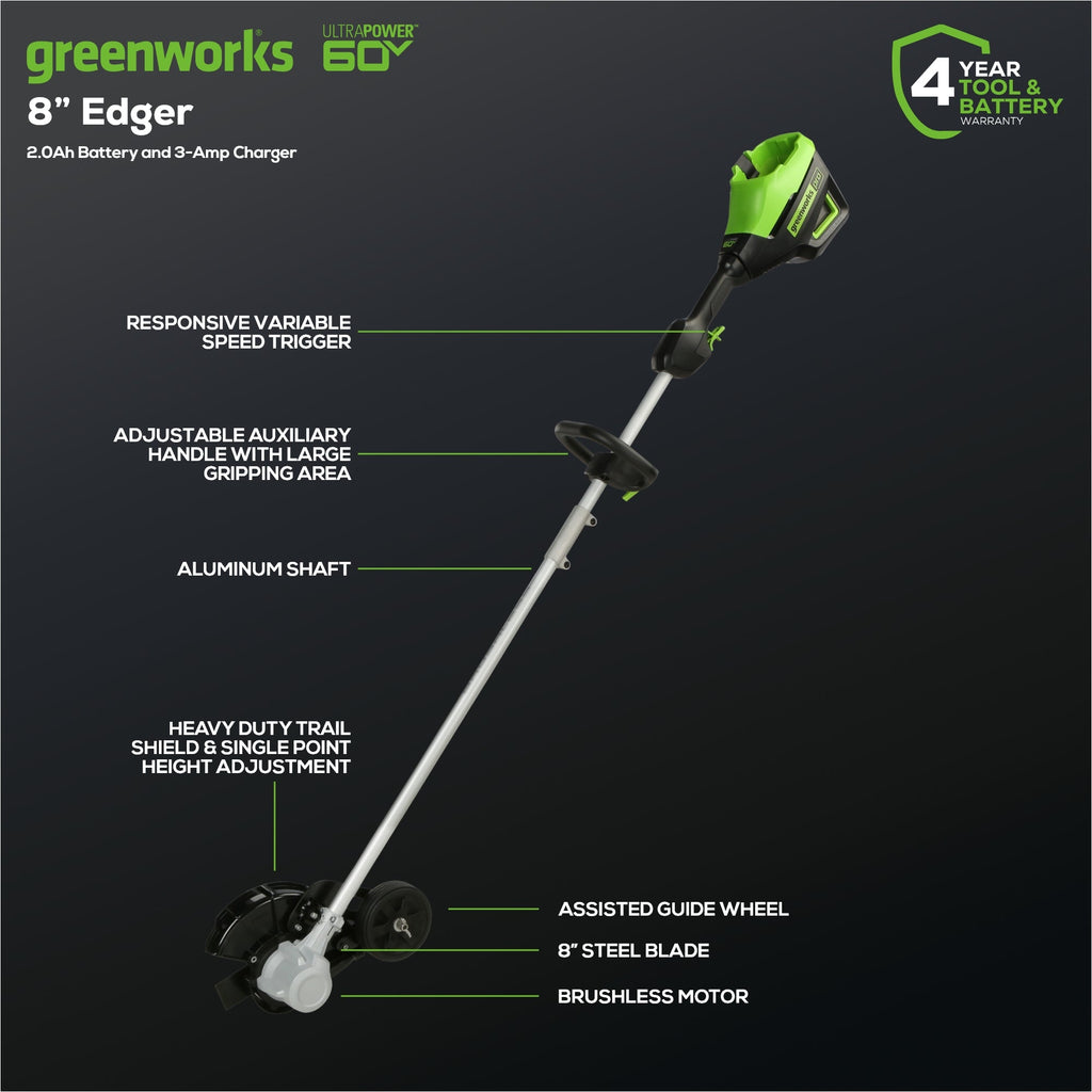 60V 8" Brushless Cordless Battery Edger: 2.0 Ah Battery and 3A Charger