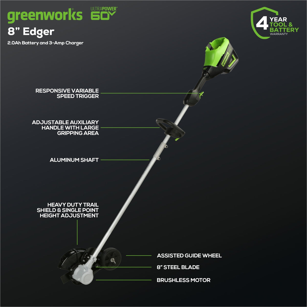 60V 8" Brushless Cordless Battery Edger: 2.0 Ah Battery and 3A Charger