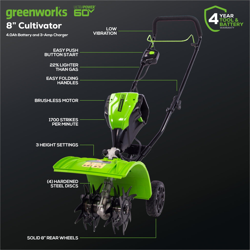60V 8" Cordless Battery Cultivator / Tiller w/ 4.0Ah Battery & Charger