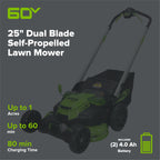 60V 25" Cordless Battery Dual Blade Self-Propelled Lawn Mower w/ Two (2) 4.0Ah Batteries & Dual-Port Charger, LM2516S