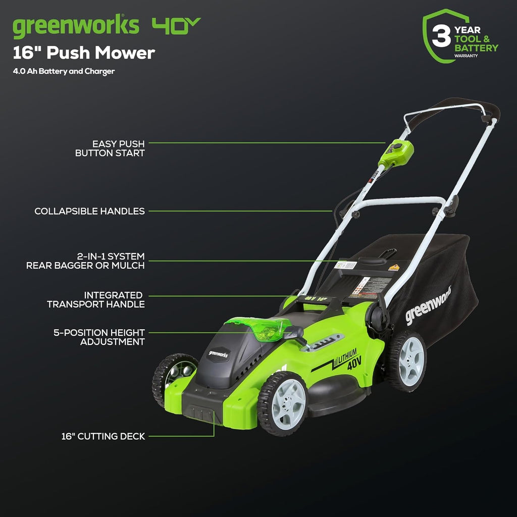 40V 16" Cordless Battery Push Lawn Mower w/ 4.0Ah Battery & Charger, LM1604