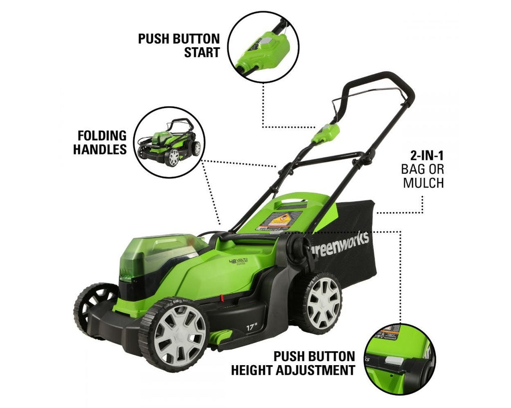 48V (24V x 2) 17" Cordless Battery Push Lawn Mower w/ Two (2) 4.0Ah USB Batteries & Dual Port Charger, LM1712