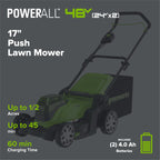 48V (24V x 2) 17" Cordless Battery Push Lawn Mower w/ Two (2) 4.0Ah USB Batteries & Dual Port Charger, LM1712