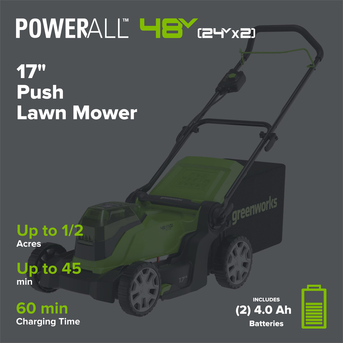 48V (24V x 2) 17" Cordless Battery Push Lawn Mower w/ Two (2) 4.0Ah USB Batteries & Dual Port Charger, LM1712