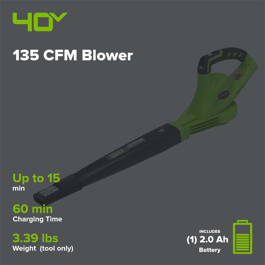 40V 135 CFM Cordless Battery Leaf Blower: 2.0 Ah Battery and Charger