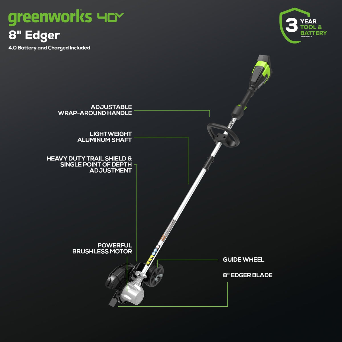 40V 8" Brushless Cordless Battery Edger: (1) 4.0 Ah Battery, (1) 2A Charger