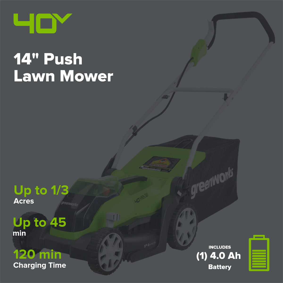 40V 14" Cordless Battery Push Lawn Mower: 4.0 Ah Battery and Charger, LM1404
