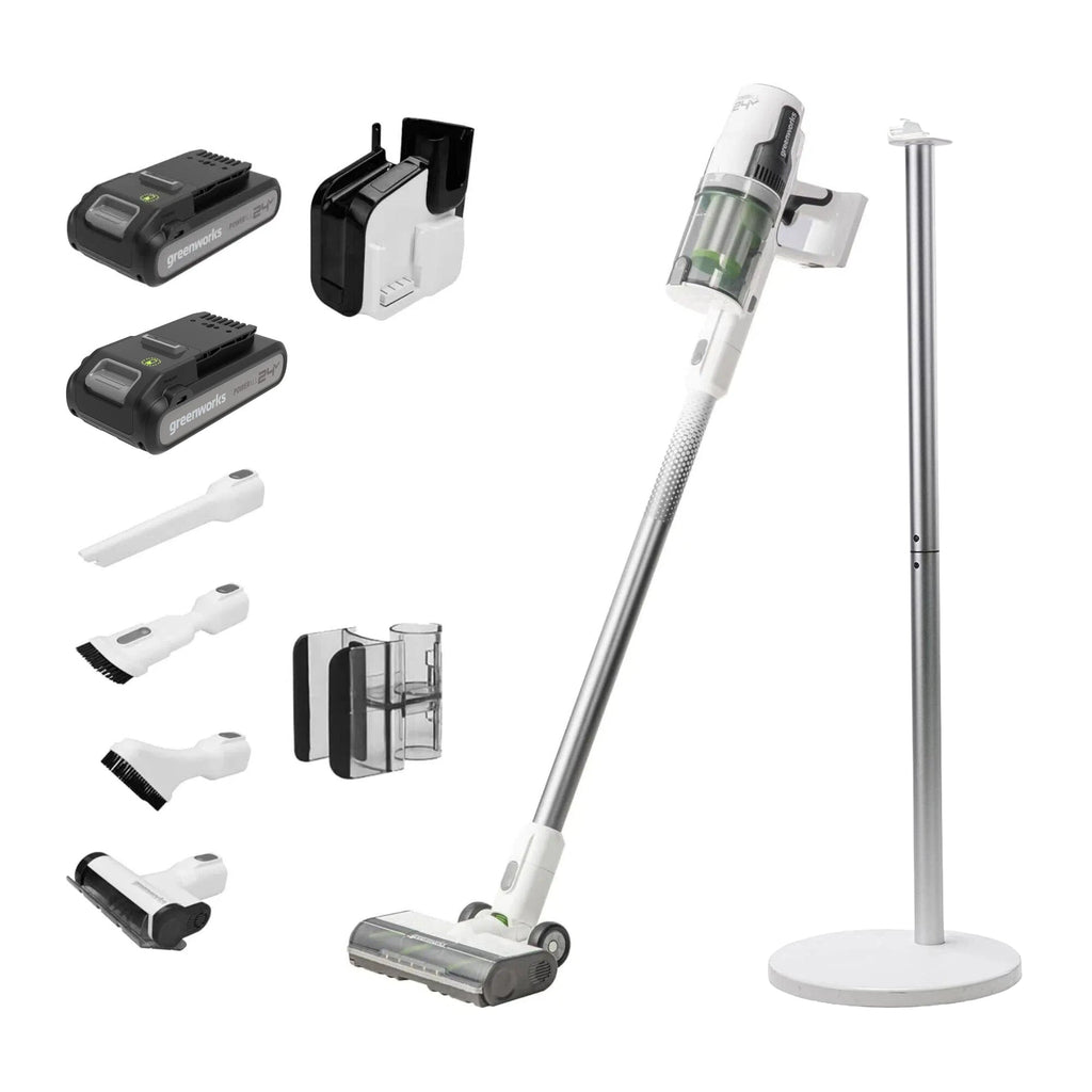 24V Cordless Battery White Stick Vacuum 3-in-1 Bundle: (2) 4.0 Ah USB Batteries and Charging Stand
