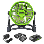 24V Cordless Fan: 2.0 Ah USB Battery, 0.5A Charger and AC Adapter