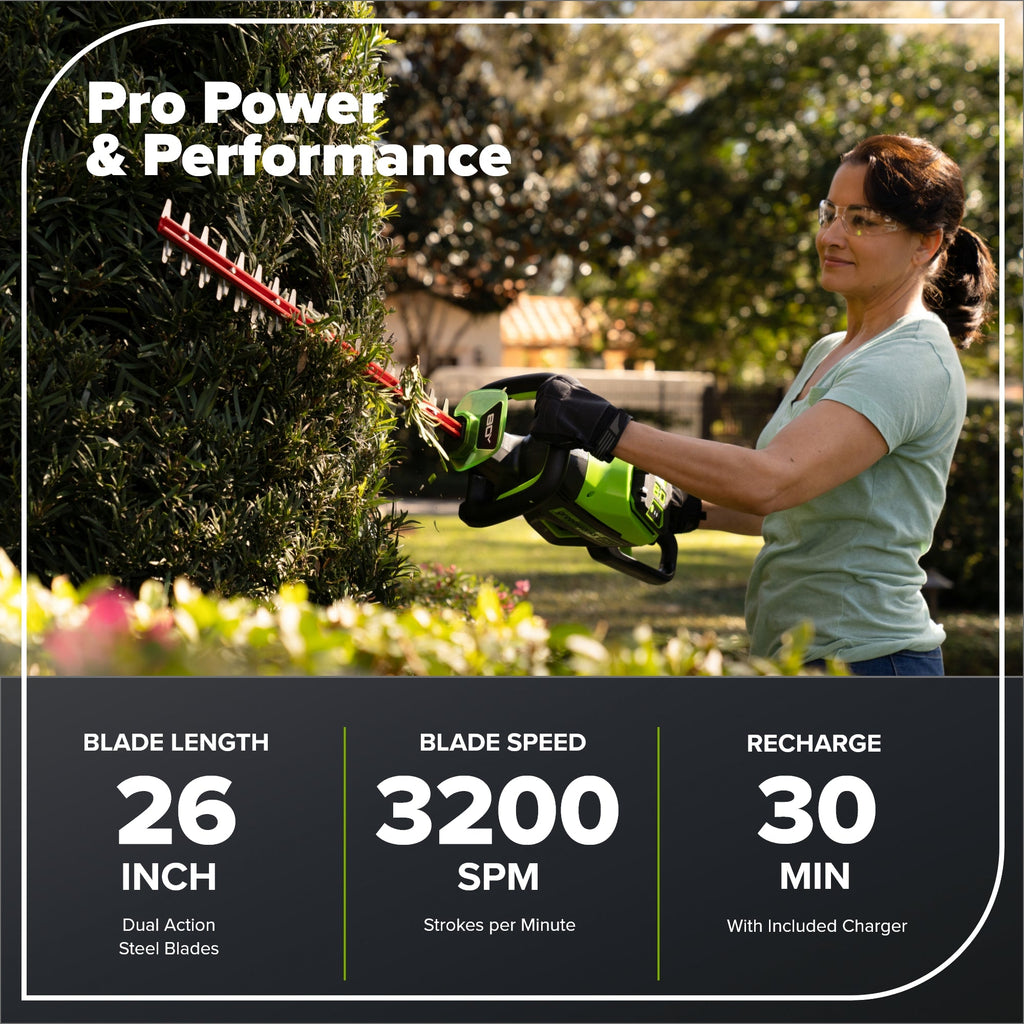 80V 26" Cordless Battery Hedge Trimmer (1.1" cut, 3200 SPM): 2.0 Ah Battery and Charger