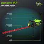 80V 26" Cordless Battery Hedge Trimmer (1.1" cut, 3200 SPM): 2.0 Ah Battery and Charger