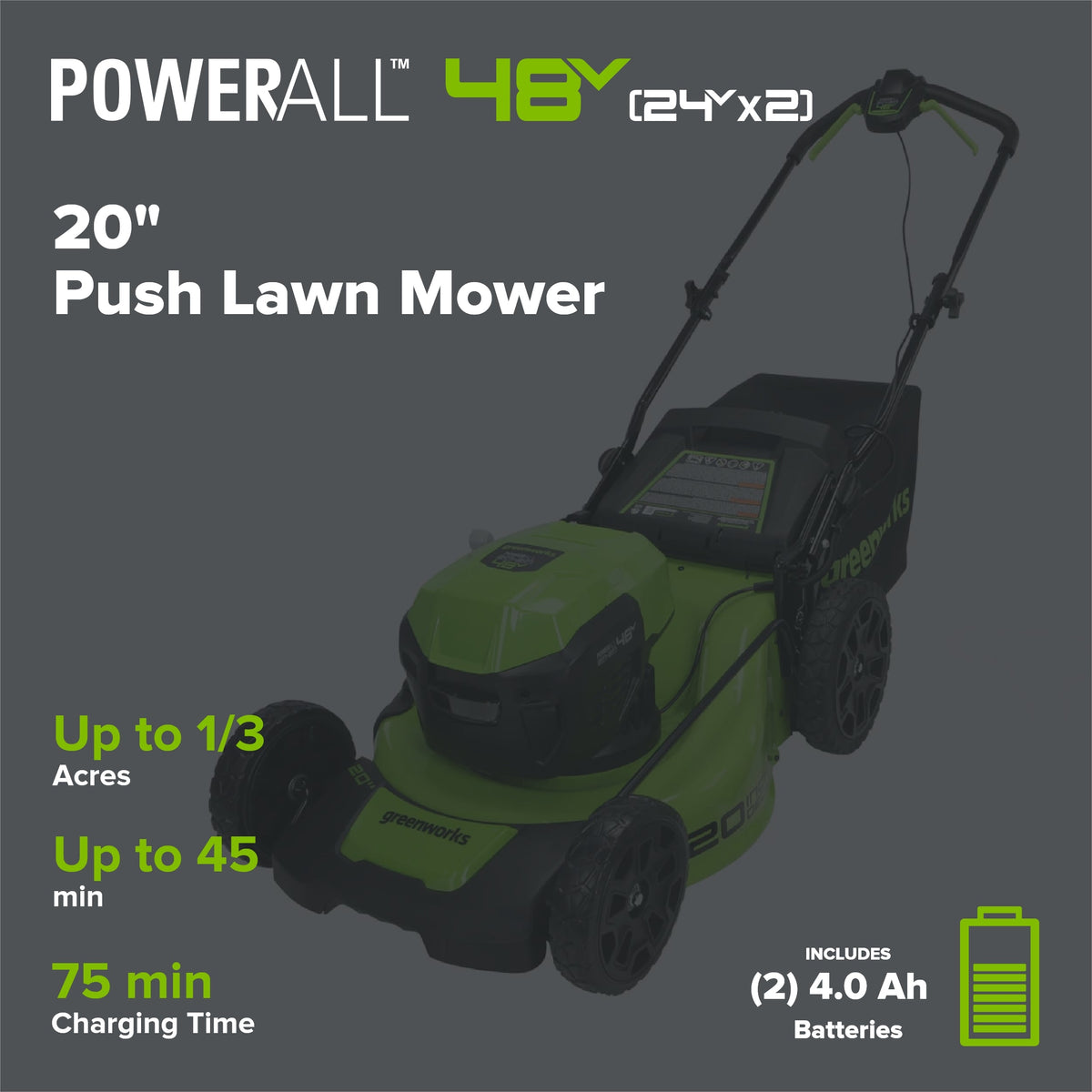 48V (24V x 2) 20" Cordless Battery Push Mower: (2) 4.0 Ah USB Batteries and Dual-Port Rapid Charger, LM2002