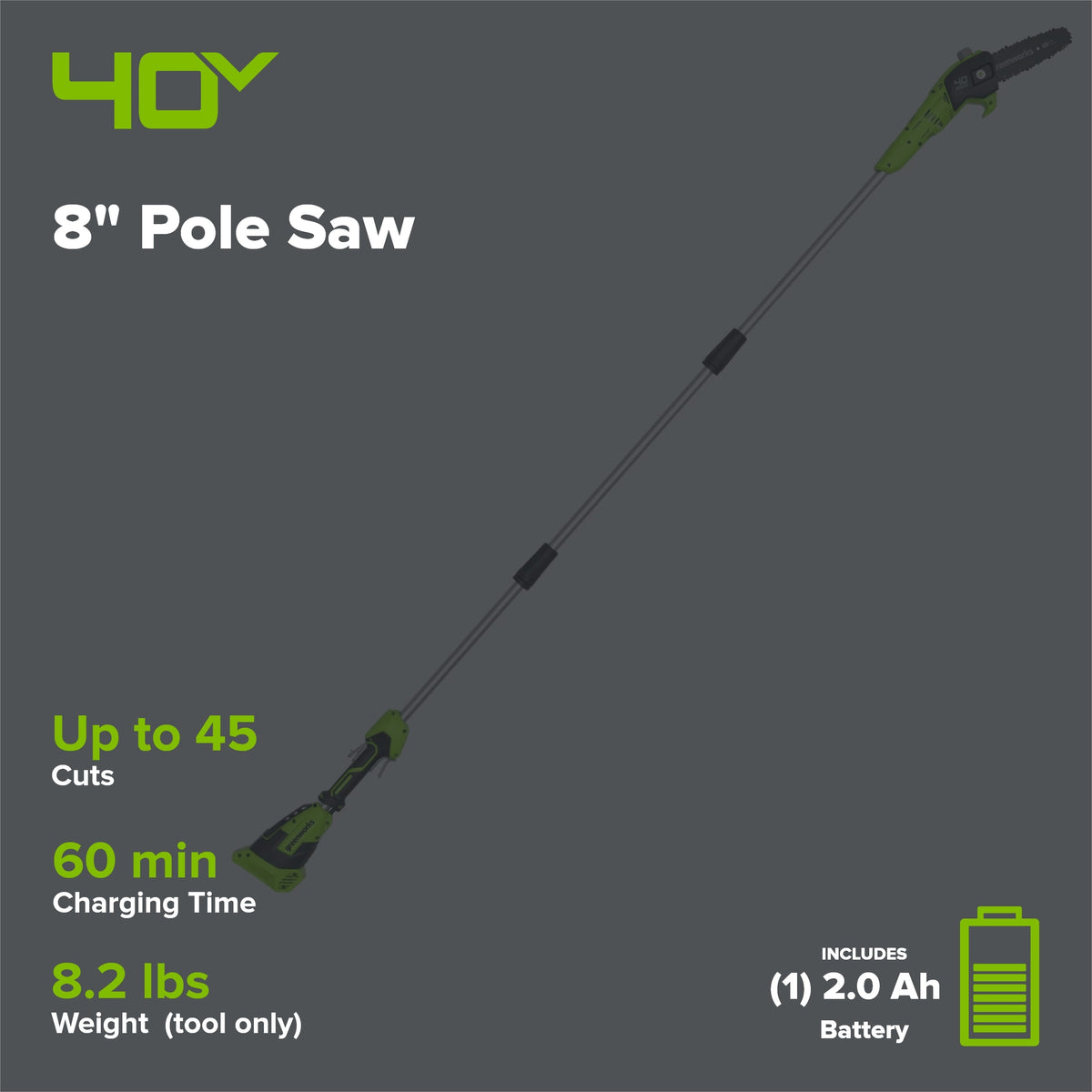 40V 8" Cordless Battery Pole Saw: 2.0 Ah Battery and Charger