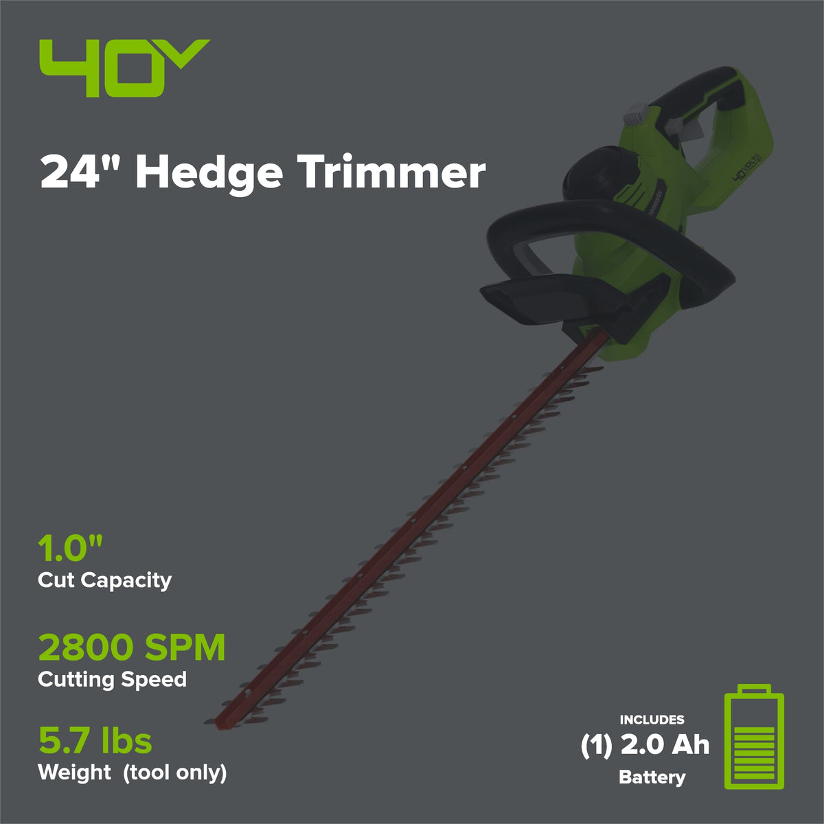 40V 24" Cordless Battery Hedge Trimmer w/ 2.0 Ah USB Battery & Charger