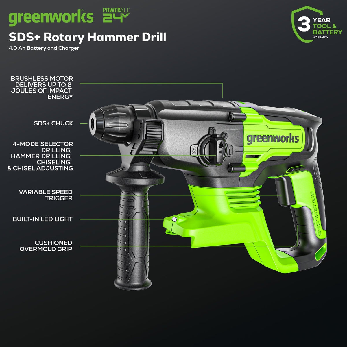 24V SDS-Plus 2J Brushless Rotary Hammer Drill: 4.0 Ah USB Battery and Charger