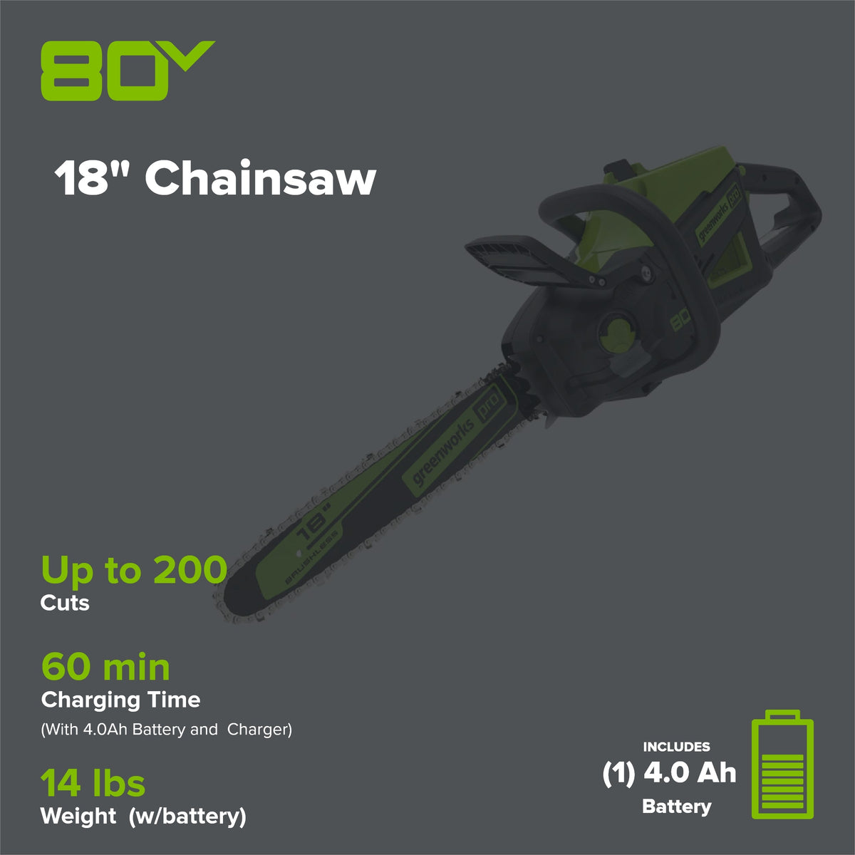 80V 18" Cordless Battery 2.5kW Chainsaw: 4.0Ah Battery & Rapid Charger