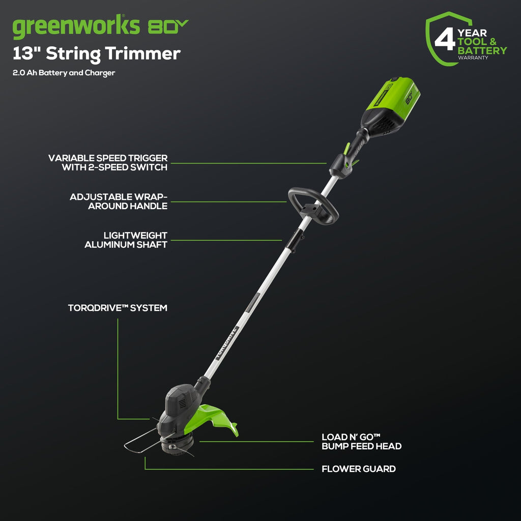 80V 13" String Trimmer: 2.0 Ah Battery and Charger