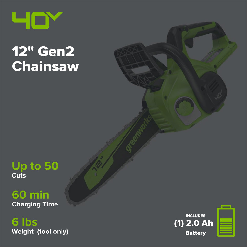 40V 12" Gen2 Cordless Battery Chainsaw: 2.0 Ah Battery and Charger
