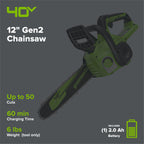 40V 12" Gen2 Cordless Battery Chainsaw: 2.0 Ah Battery and Charger