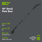 80V 10" Gen2 Cordless Battery Pole Saw: 2.0 Ah Battery and Rapid Charger
