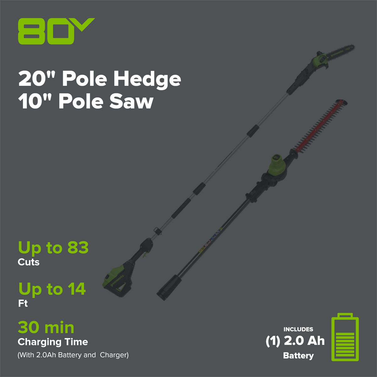 80V 20" Cordless Battery Pole Hedge and 10" Pole Saw Combo Kit: 2.0 Ah Battery and Rapid Charger