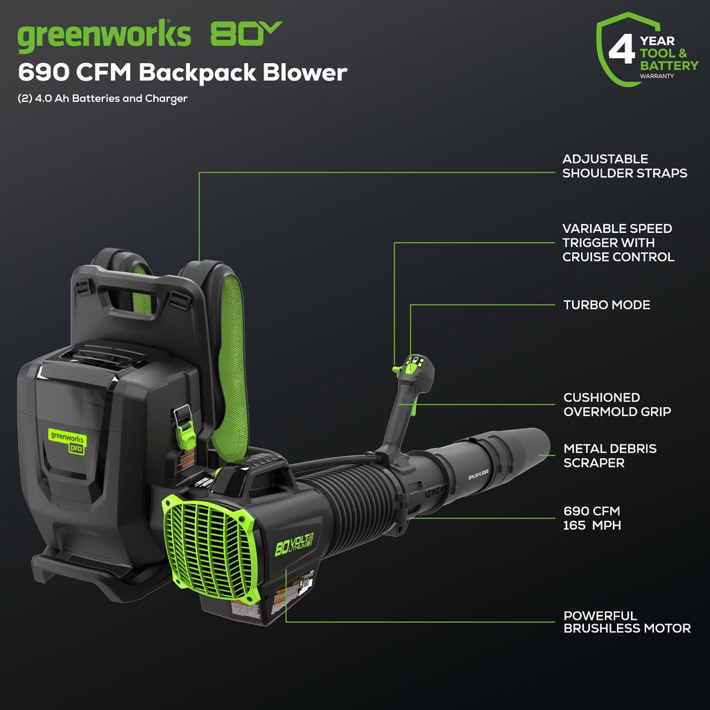 80V 690 CFM Cordless Battery Dual-Port Backpack Blower: (2) 4.0 Ah Batteries and Dual-Port Rapid Charger