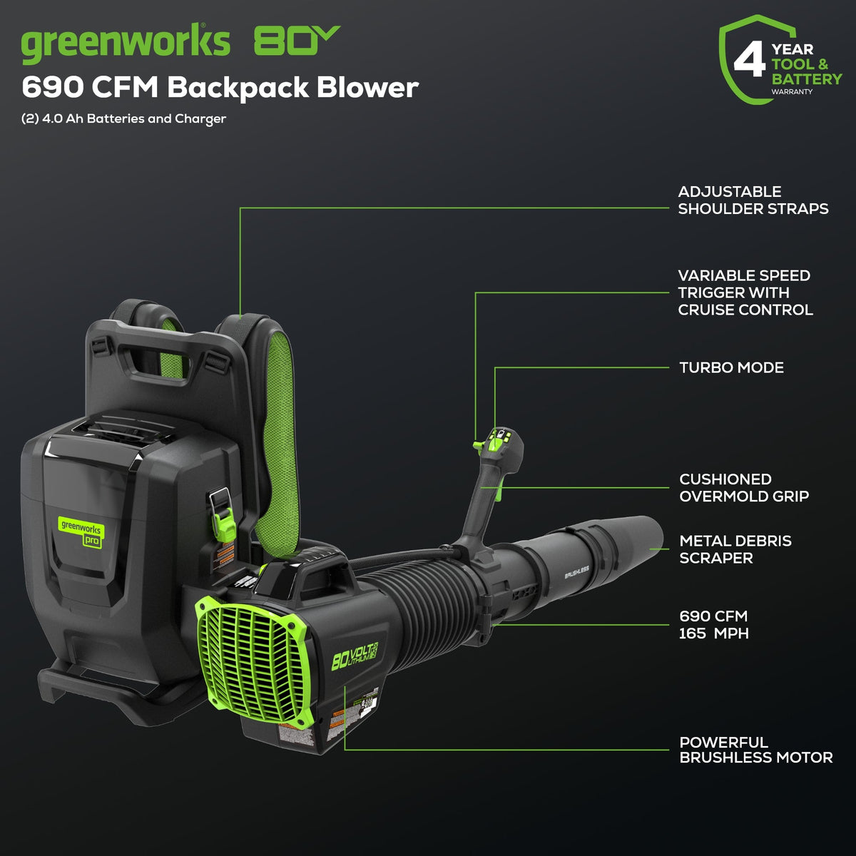 80V 690 CFM Cordless Battery Dual-Port Backpack Blower: (2) 4.0 Ah Batteries and Dual-Port Rapid Charger