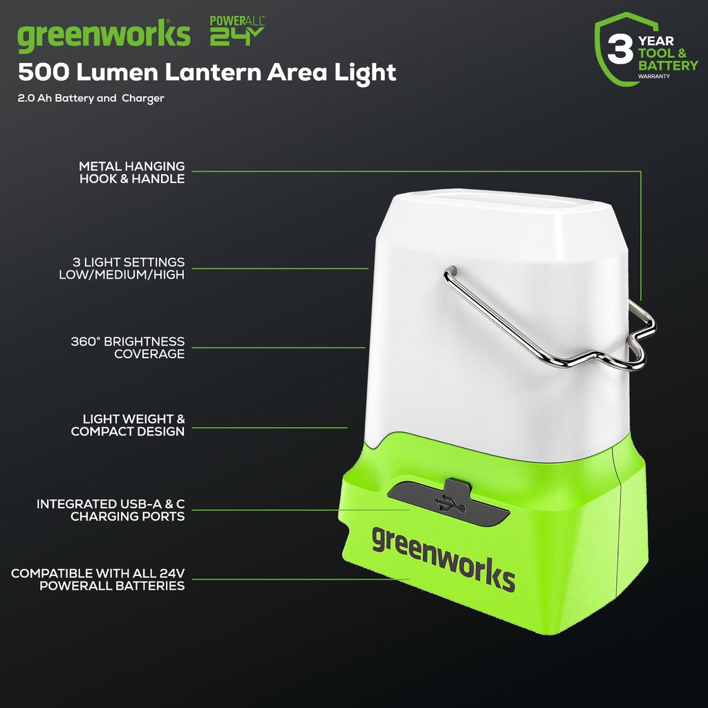 24V Cordless Battery 500 Lumen Lantern: 2.0 Ah Battery and Charger