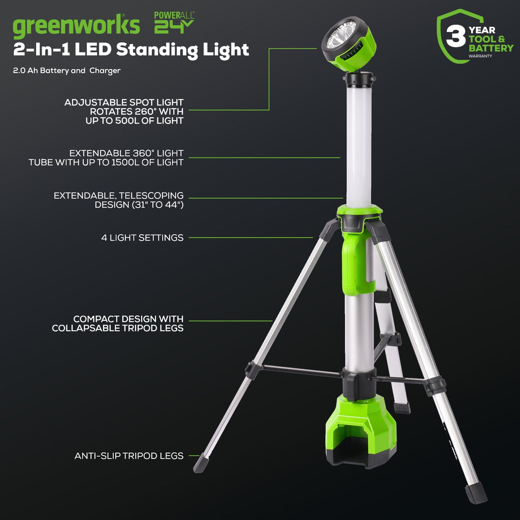 24V Cordless Battery 2-in-1 Standing Light Kit: 2.0 Ah Battery and Charger