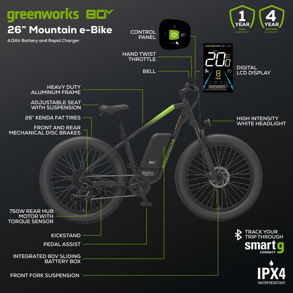 80V VENTURE Series 26" Fat Tire Electric Mountain Bike, 4Ah Battery and Charger