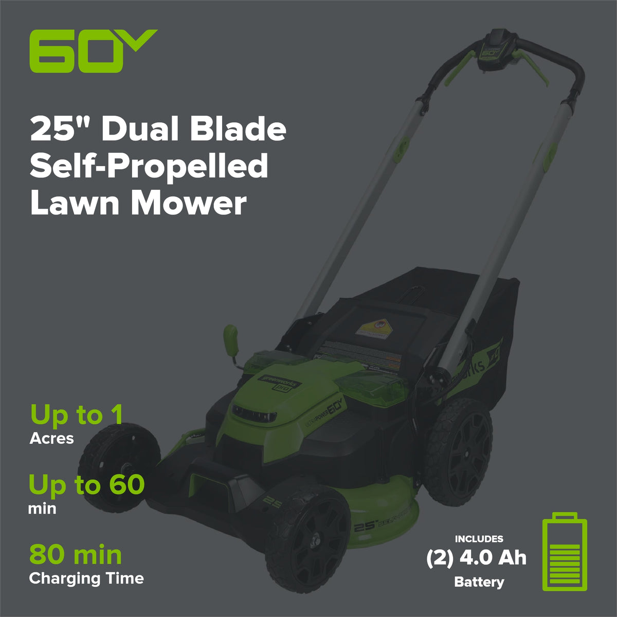60V 25" Cordless Battery Self-Propelled Mower Combo Kit, Blower: (2) 4.0 Ah Batteries and Dual-Port Charger