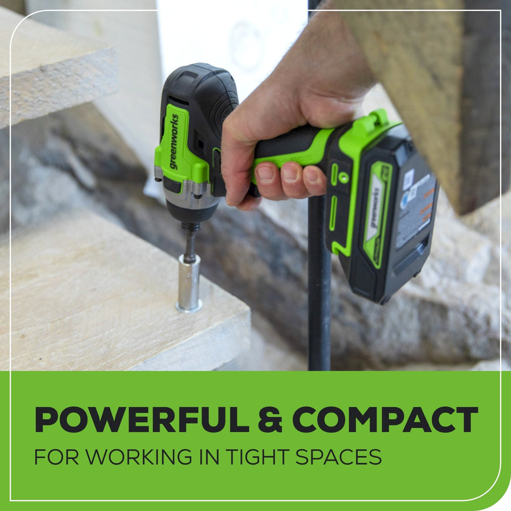 24V 1/4" 2650 in/lbs Brushless Impact Driver Kit: (2) 2.0 Ah USB Batteries, Dual-Port Charger and Bits