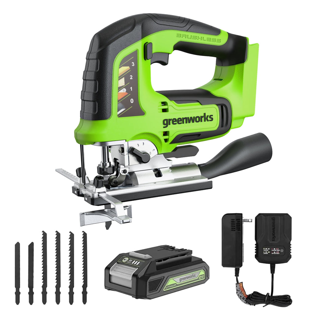 24V Cordless Battery Brushless Jig Saw: 2.0 Ah Battery and Charger