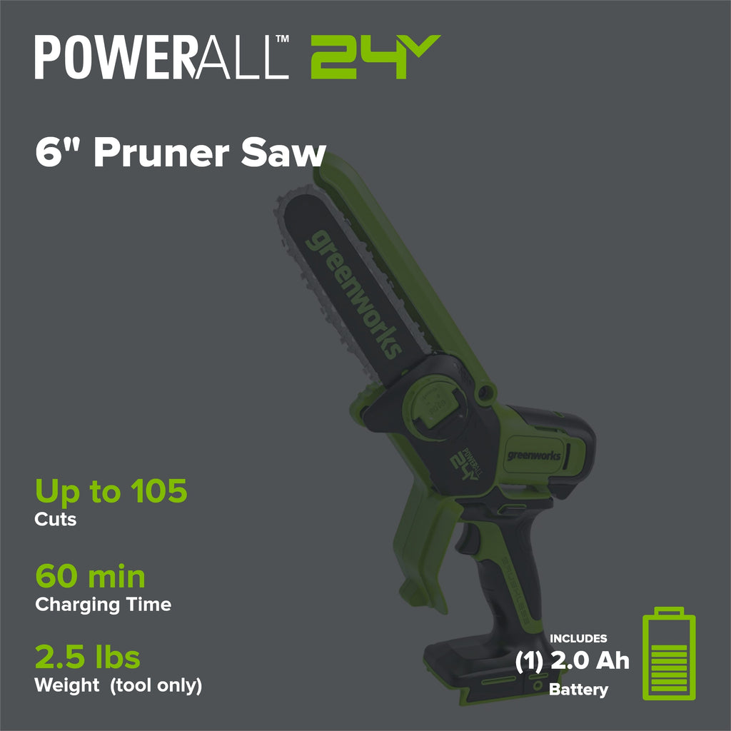 24V 6" Cordless Battery Brushless Pruner Saw: 2.0 Ah Battery and Charger