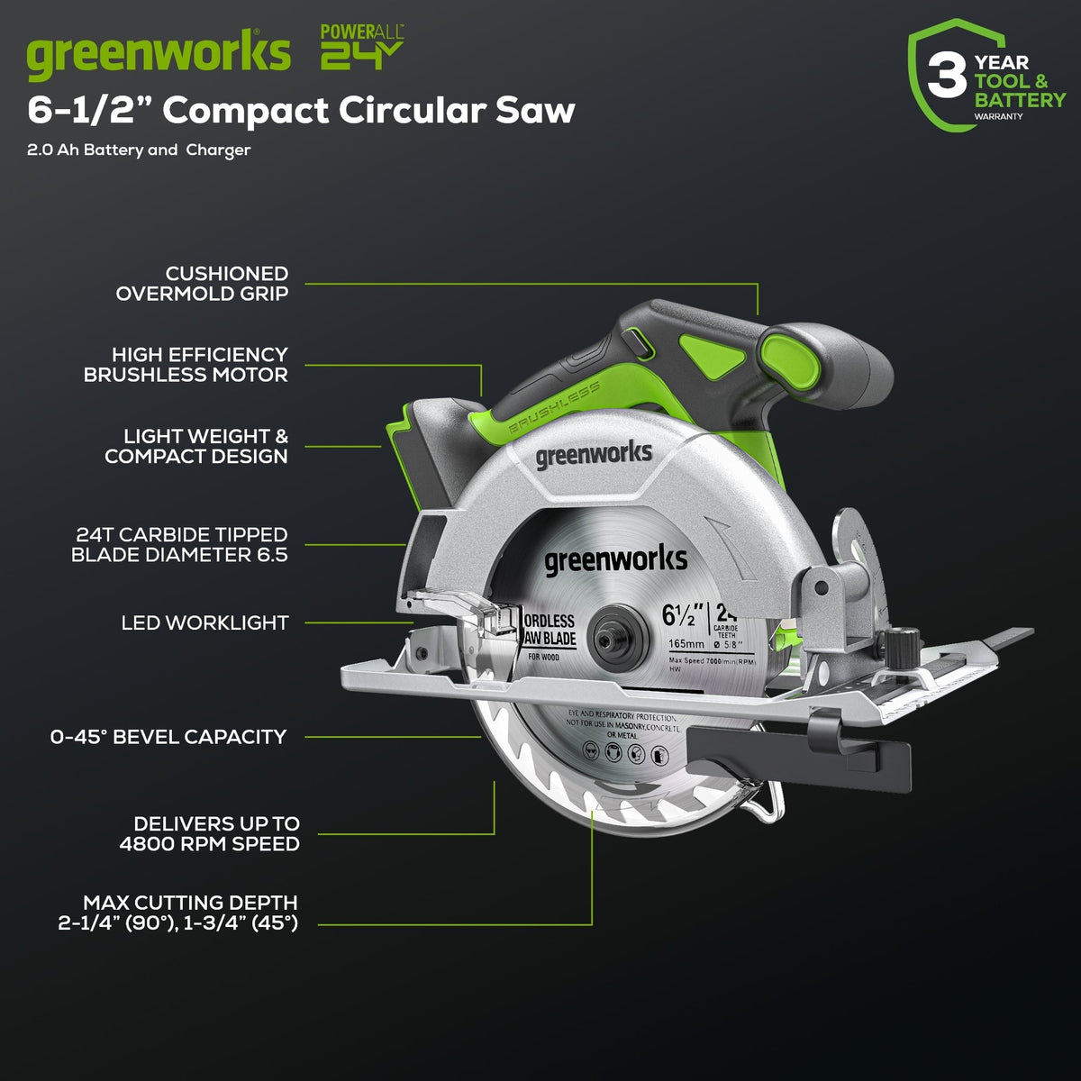 24V 6.5" Cordless Battery Brushless Circular Saw (Tool Only)