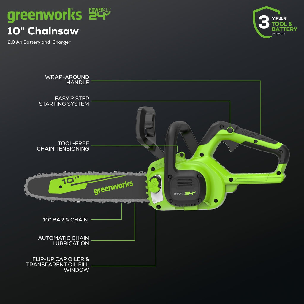 24V 10" Cordless Battery Chainsaw: 2.0 Ah USB Battery and Charger