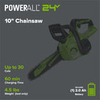 24V 10" Cordless Battery Chainsaw: 2.0 Ah USB Battery and Charger