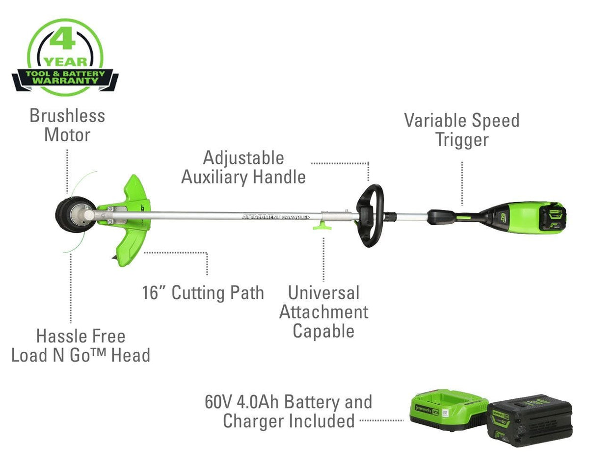 60V 16" Cordless Battery String Trimmer (Attachment Capable) and 5 Pcs Attachments Combo Kit: 4.0 Ah Battery and Charger