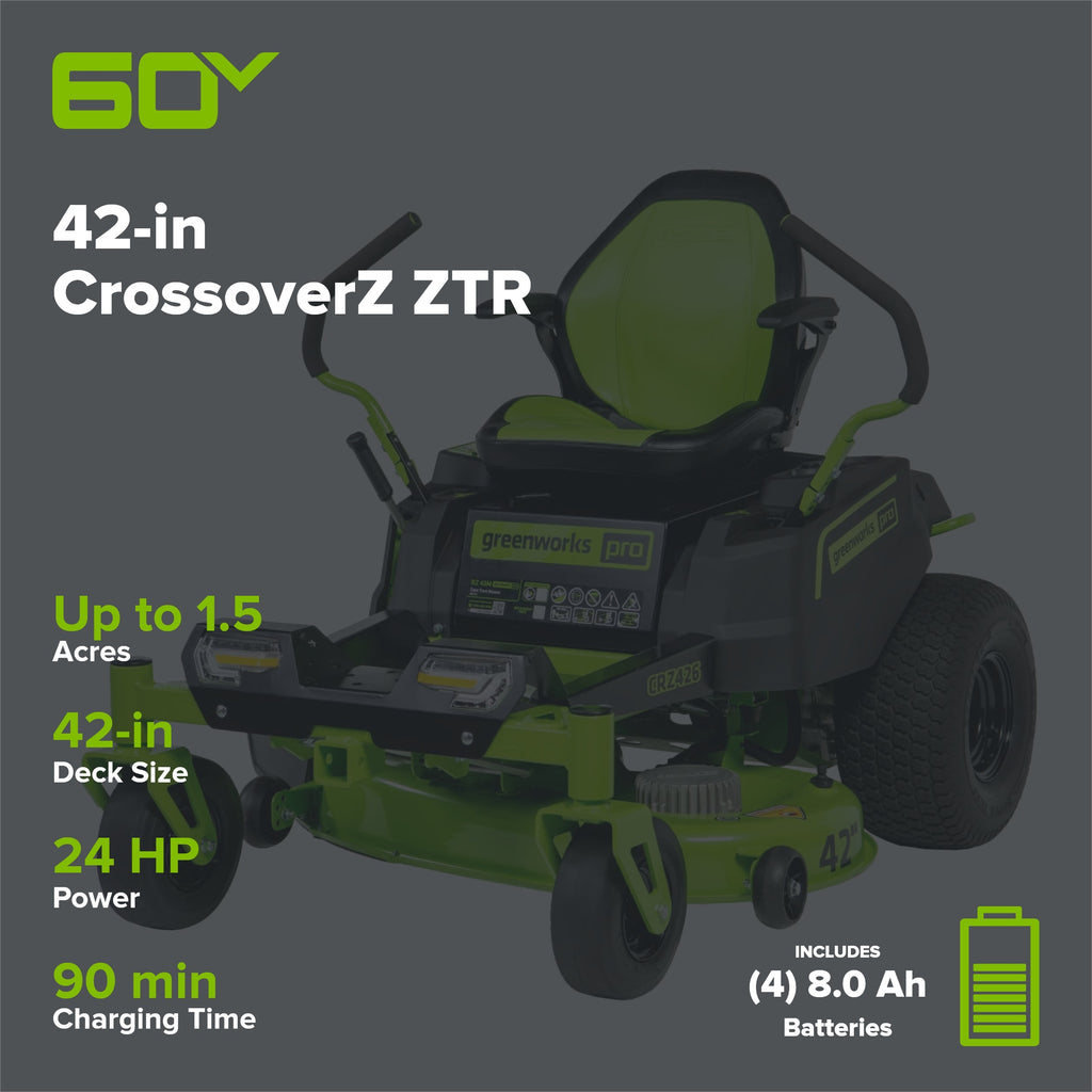 60V 42" Electric CrossoverZ Zero Turn Mower with (4) 8 Ah Batteries and (2) Dual-Port Turbo Chargers, CRZ4262