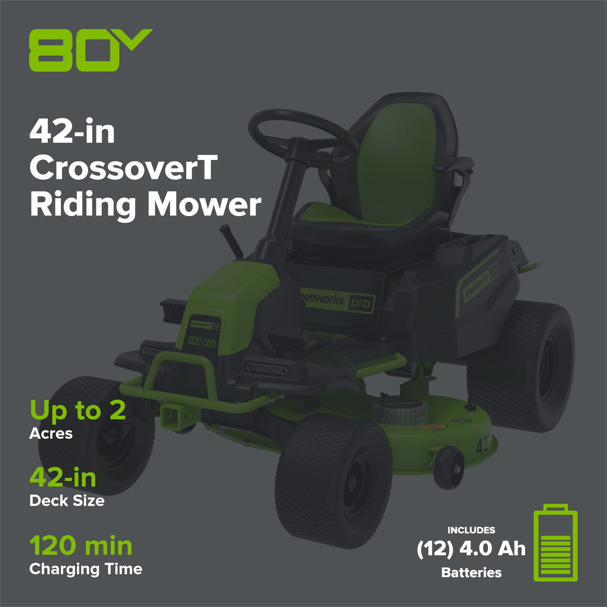 80V 42" Cordless Battery CrossoverT Riding Lawn Mower, Twelve (12) 4.0 Ah Batteries and (3) Dual-Port Turbo Chargers, CRT4281