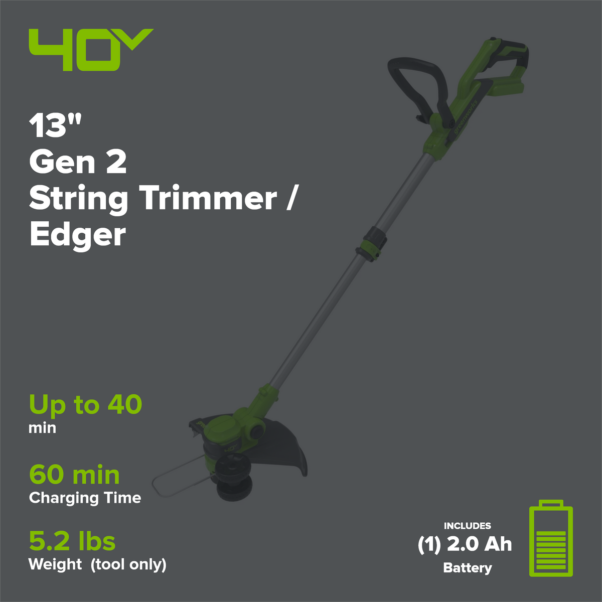 40V 13" Gen 2 Cordless Battery String Trimmer / Edger: 2.0 Ah Battery and Charger